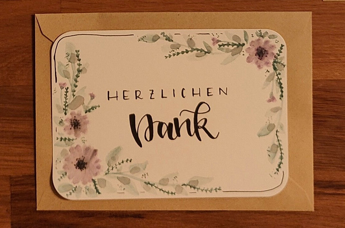 Dankeskarte ‚Herzlichen Dank‘ – handgemacht mit floralem Aquarell & Lettering