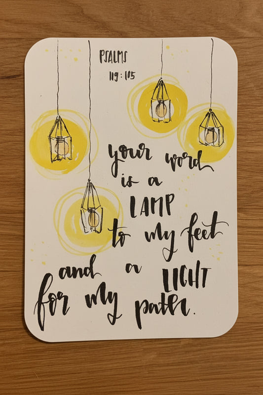 Karte mit Psalm 119,105 und handgezeichneten Laternen