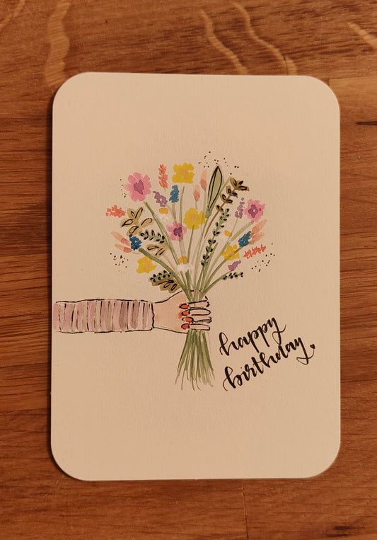 Happy Birthday Karte mit Blumenstrauß – handgemalte florale Geburtstagskarte im Aquarellstil