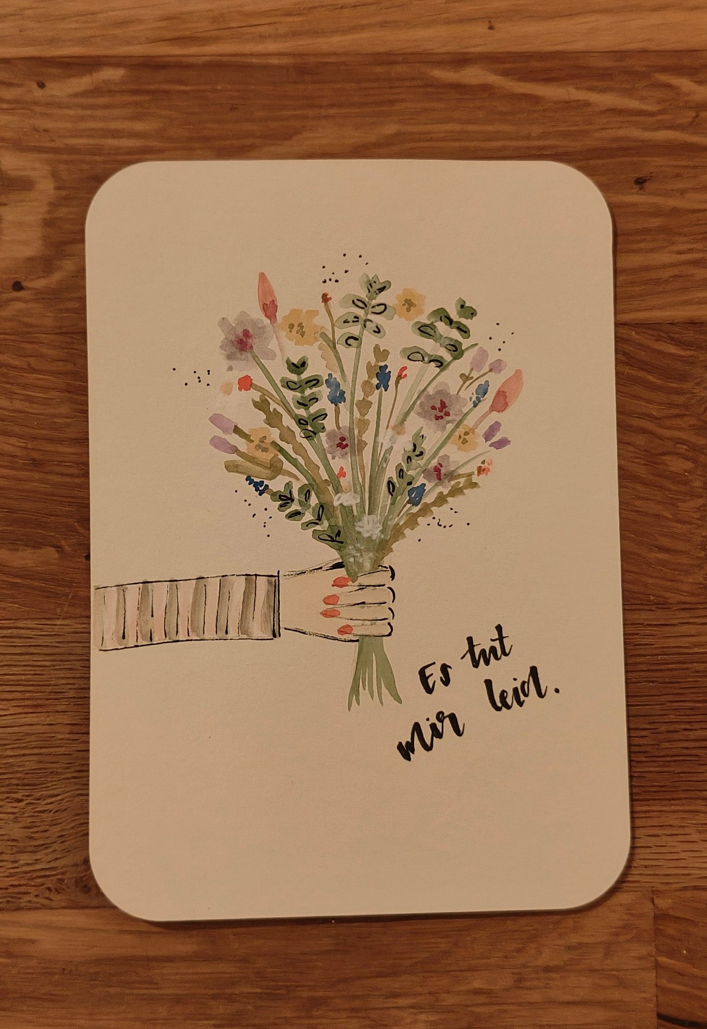 Entschuldigungskarte Es tut mir leid mit Blumenstrauß – handgemalte florale Grußkarte