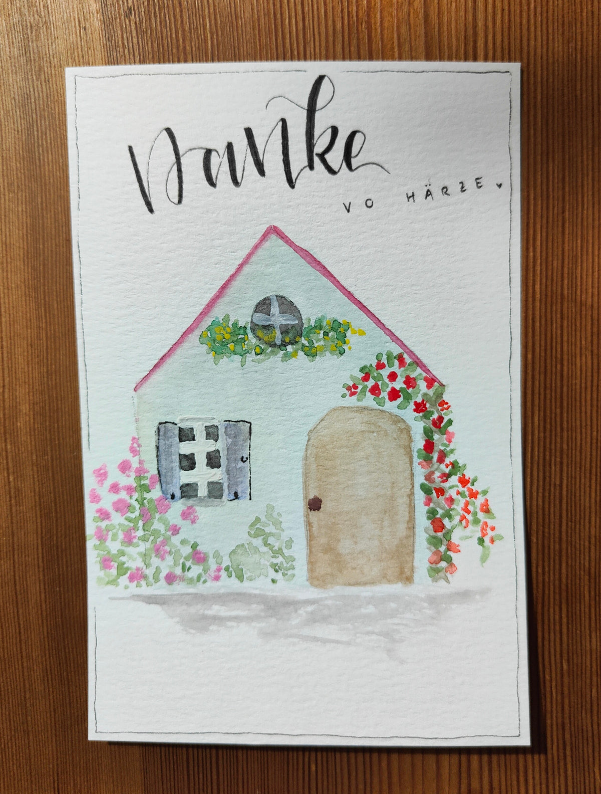 Handgemalte Dankeskarte „Von Herzen“ – Aquarell Haus & Blumen | Danke für die schöne Zeit