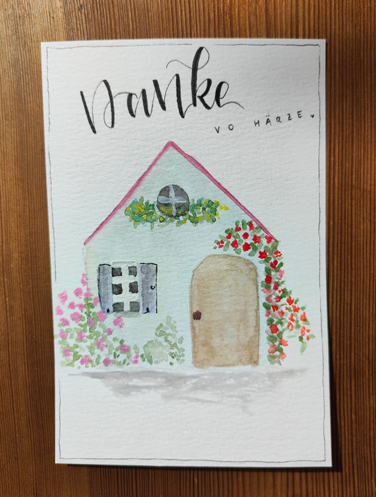 Handgemalte Dankeskarte „Von Herzen“ – Aquarell Haus & Blumen | Danke für die schöne Zeit