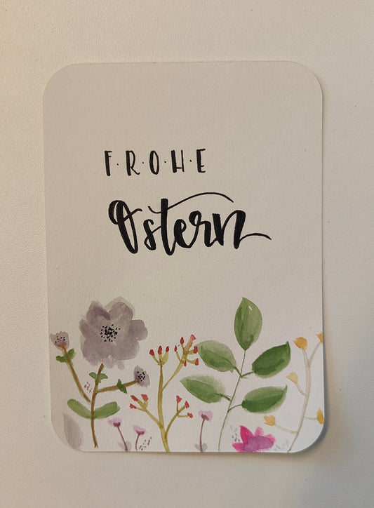 Handgemachte Osterkarte „Frohe Ostern“ mit floralem Aquarell-Design
