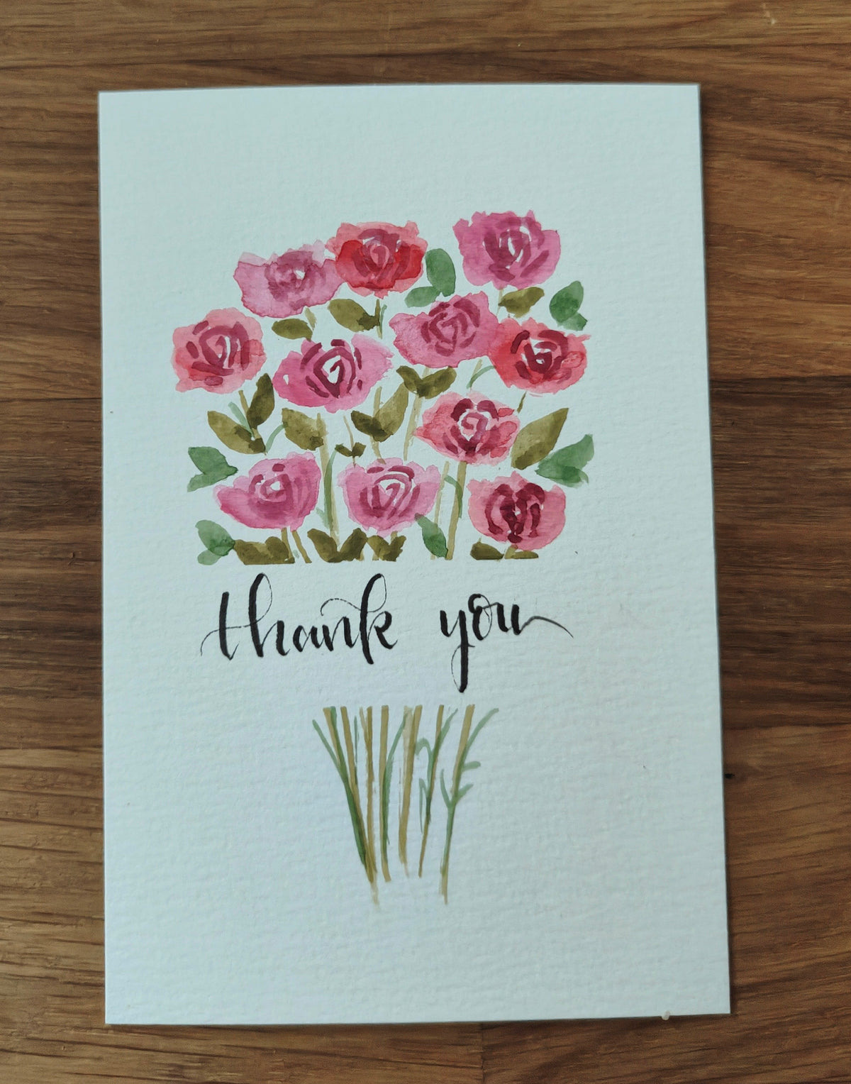 Handgemalte Dankeskarte „Thank You“ – Aquarell Blumenstrauß mit Rosen